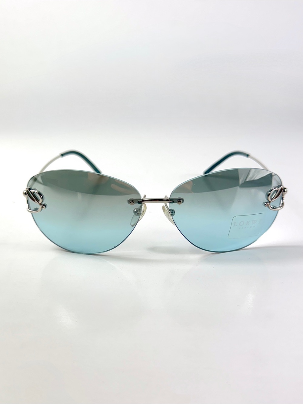 Vintage Loewe Rimless Semi-Oval Sunglasses Blue Silver SLW 167 579 VFC Full Set